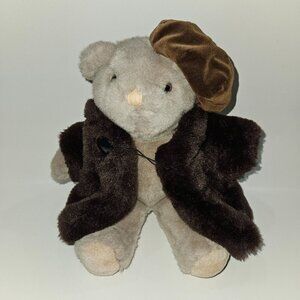 VTG Mary Meyer Society Celia Plush Gray Teddy Bear Brown Fur Coat Hat